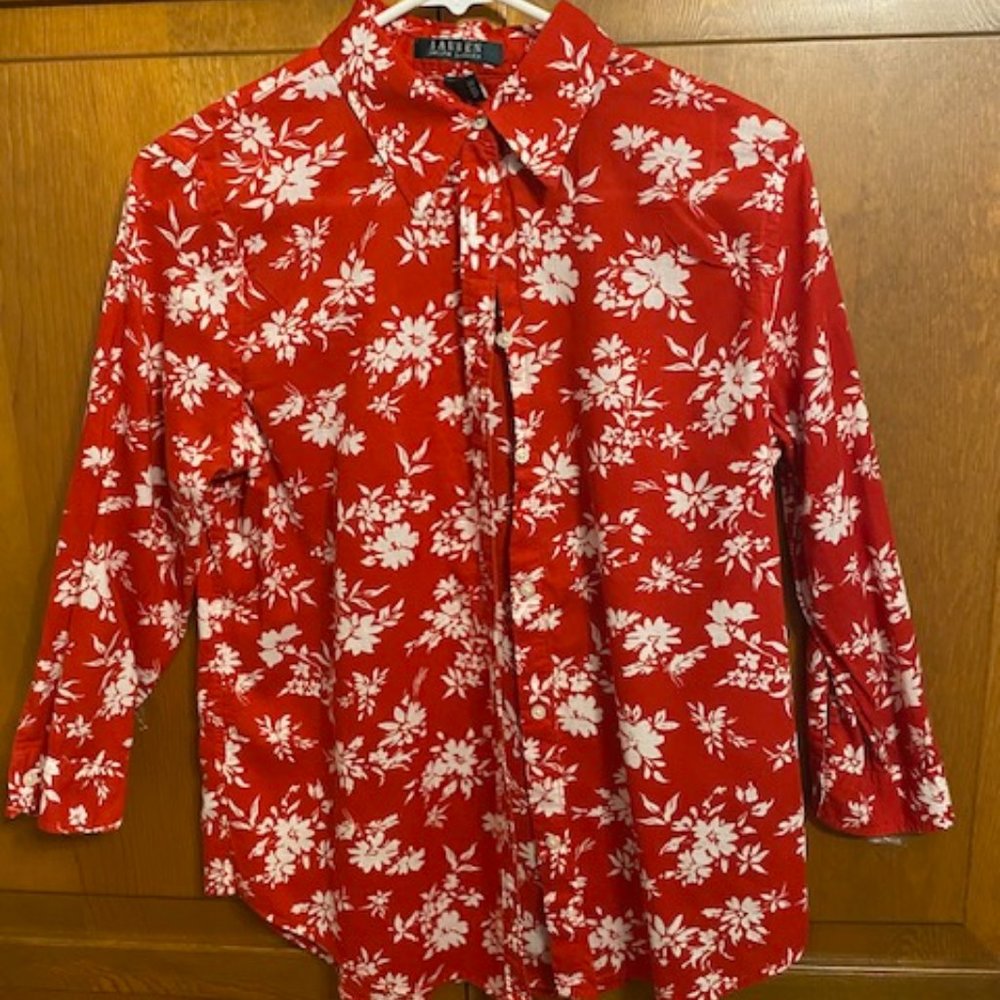 Ralph Lauren Lady's Cotton 3/4 Sleeve Red Floral Blouse
